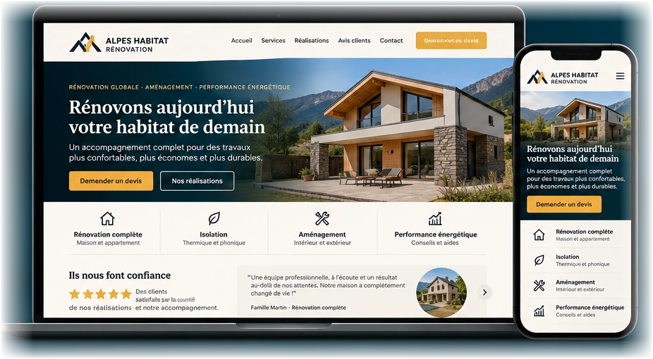 Exemple de site pour une entreprise de rénovation, affiché sur ordinateur et sur smartphone