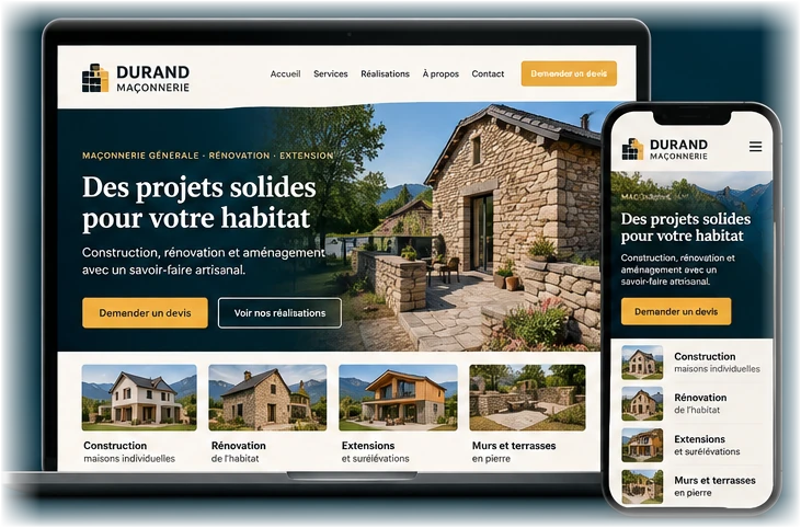 Exemple de site pour une entreprise de maçonnerie, affiché sur ordinateur et sur smartphone