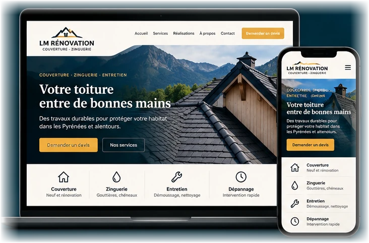 Exemple de site pour un artisan couvreur, affiché sur ordinateur et sur smartphone